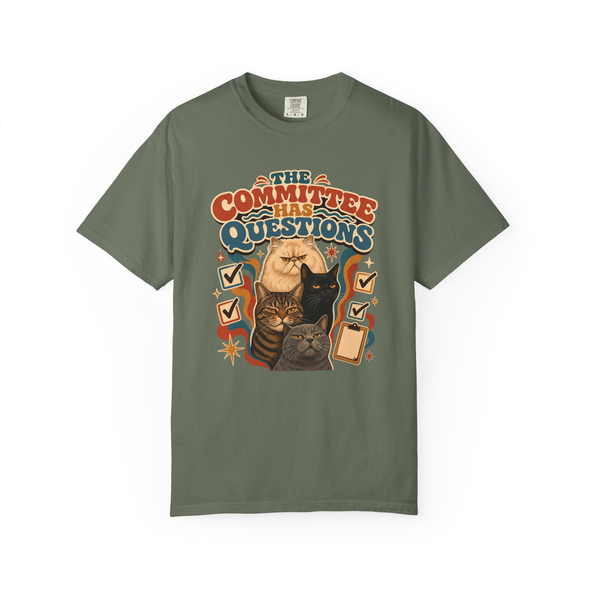 T-Shirt — "The Committee Has Questions" Retro Illustrative Cat Tee