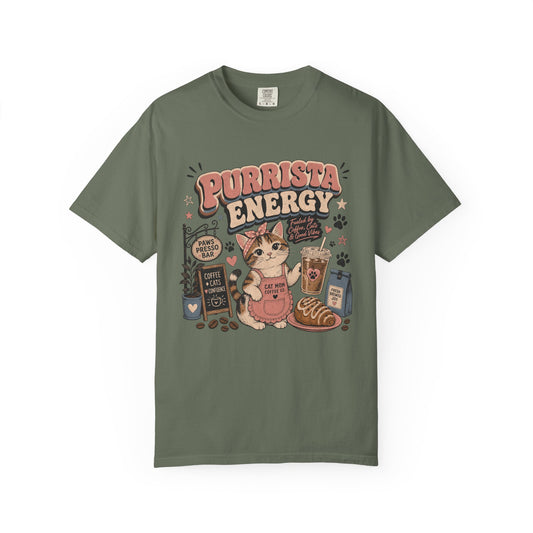 Purrista Energy T-Shirt — Cute Cat Coffee Lover Tee