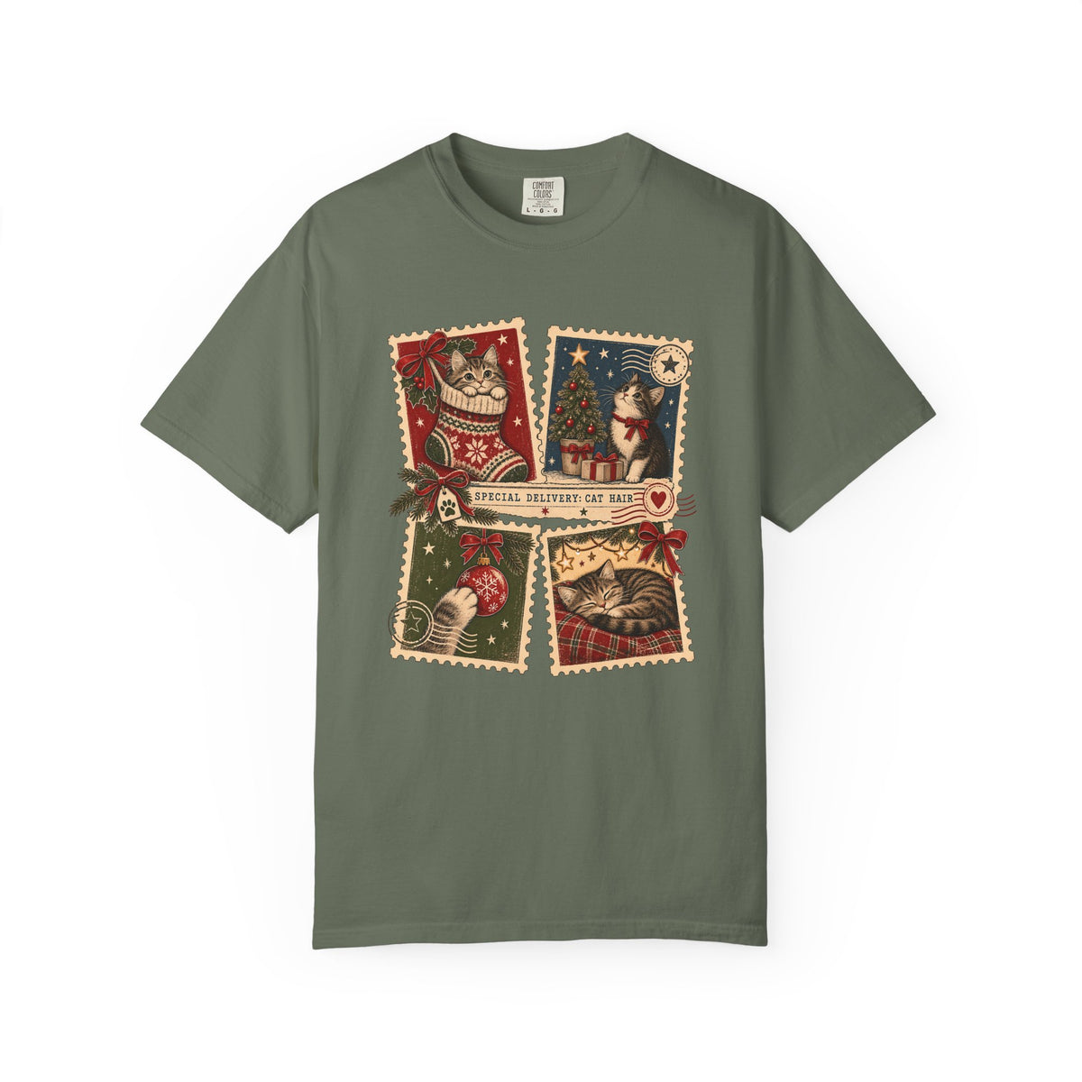 Vintage Holiday Cats T-Shirt — "Special Delivery Cat Hair" Christmas Graphic Tee
