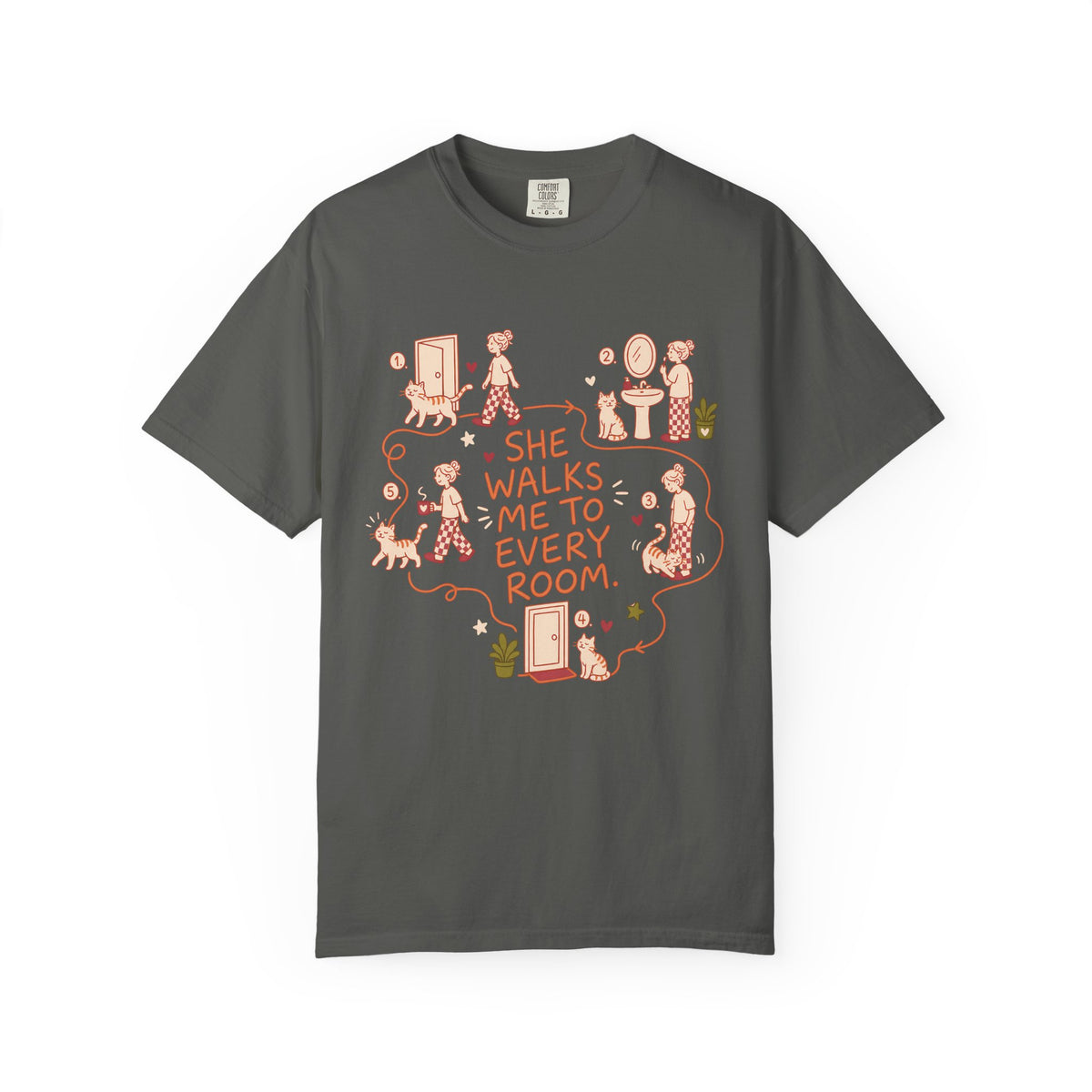 T-Shirt — "She Walks Me to Every Room" Vintage Cat Lover Tee