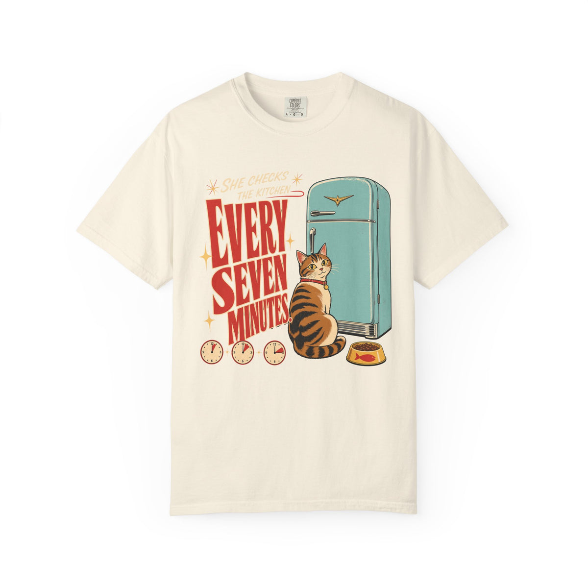 Every Seven Minutes Cat T-Shirt – Retro Refrigerator Graphic Tee for Cat Lovers