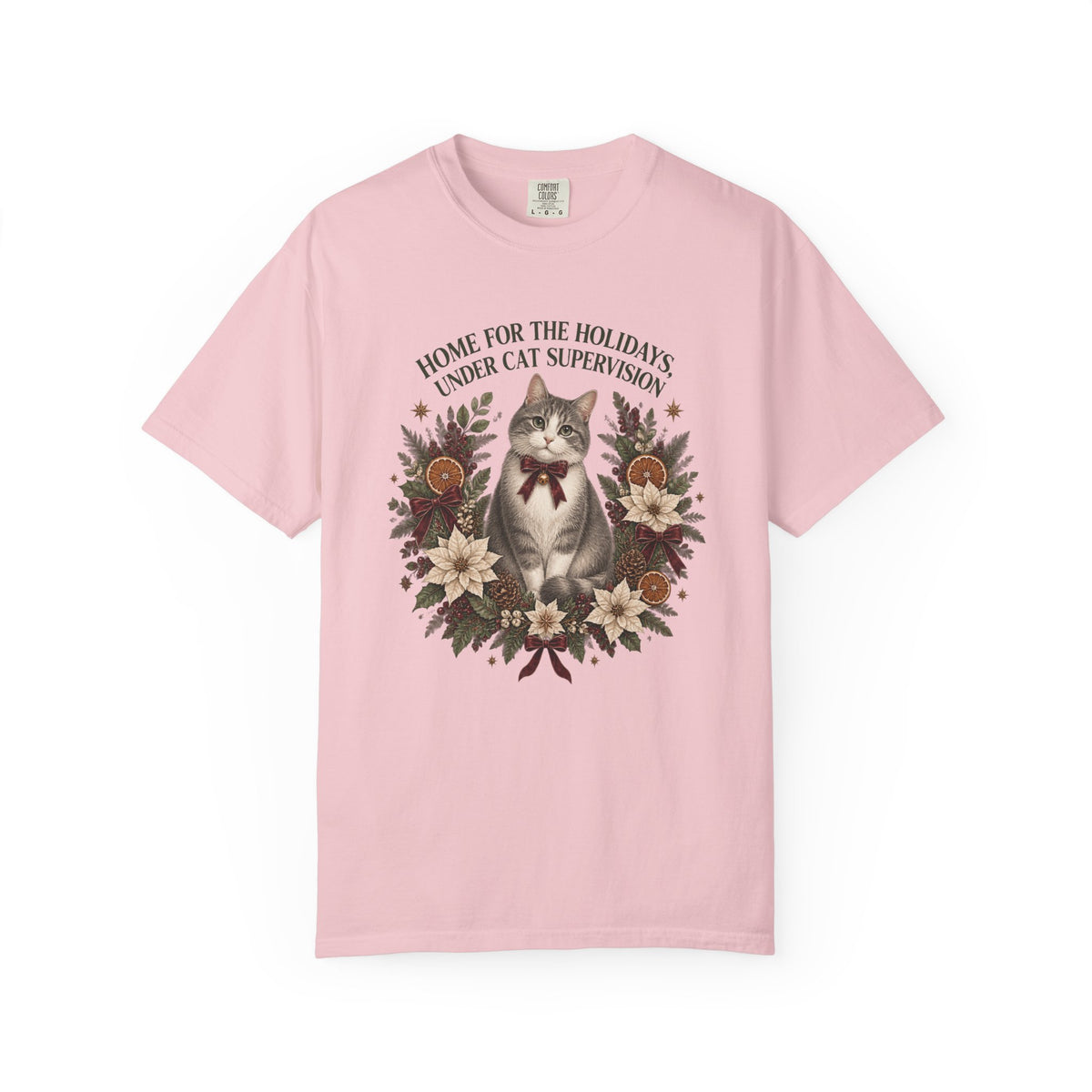 Holiday Cat T-Shirt — “Home for the Holidays Under Cat Supervision” Vintage Floral Cat Tee