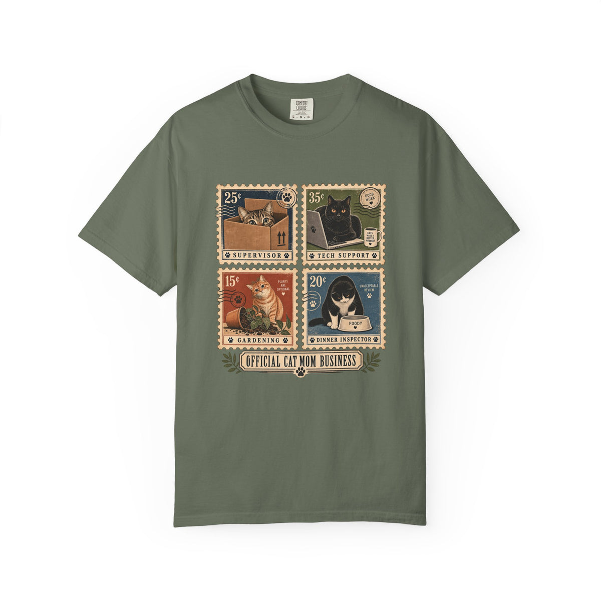 Cat Stamp Graphic T-Shirt — "Official Cat Mom Business" Vintage Postage Design