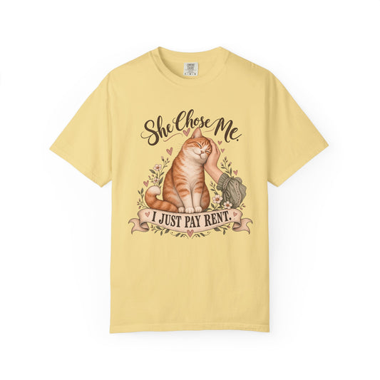 Cat Lover T-Shirt — "She Chose Me, I Just Pay Rent" Graphic Tee