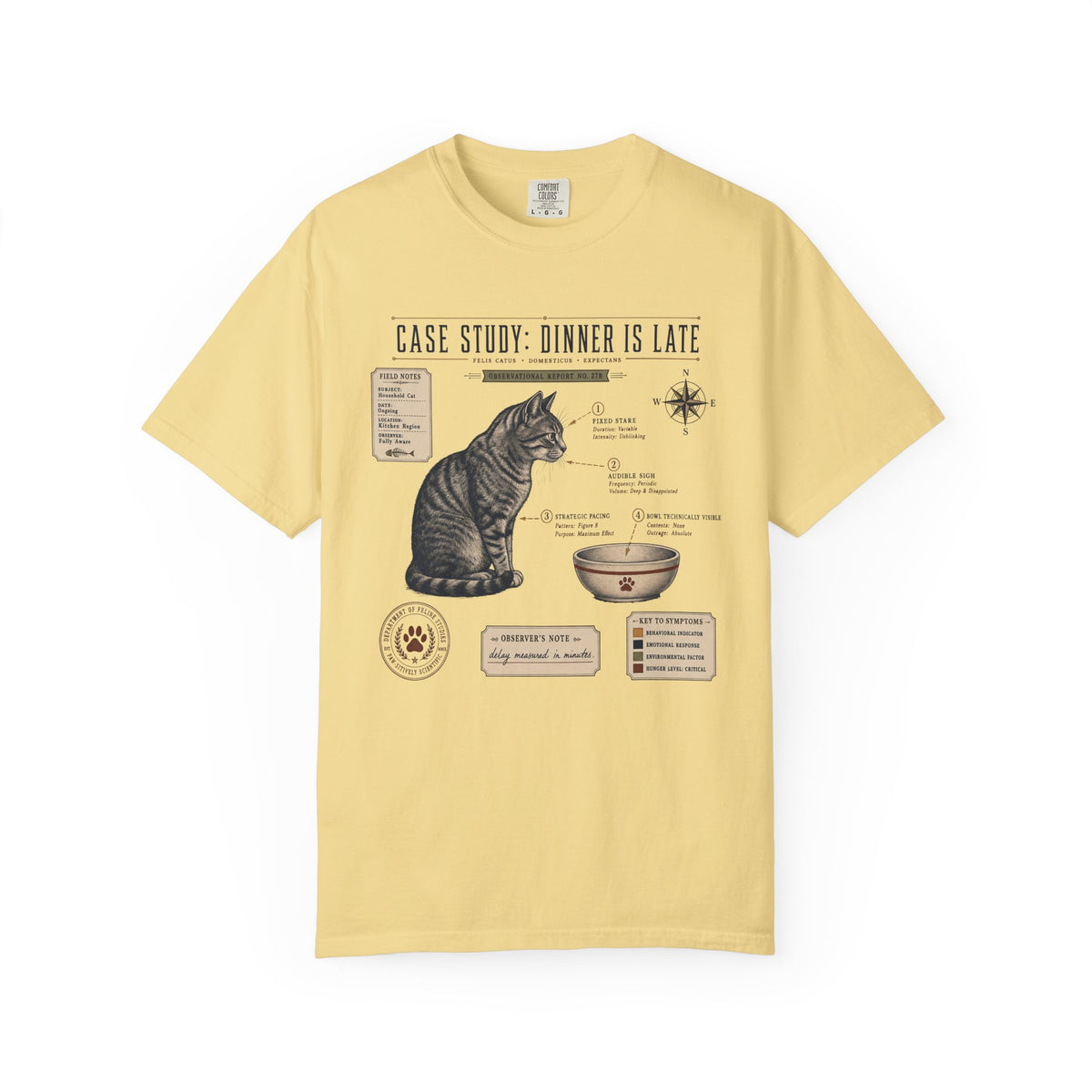 Cat Case Study T-Shirt — “Dinner Is Late” Vintage Veterinary Diagram Tee