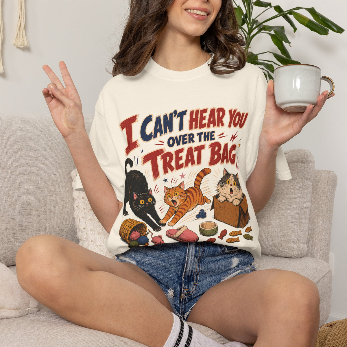 Halloween Cat Treats T-Shirt — "I Can't Hear You Over the Treat Bag" Cute Cat Halloween Tee