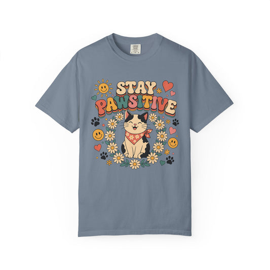 Stay Pawsitive Cat T-Shirt — Retro Floral Cute Kitten Tee