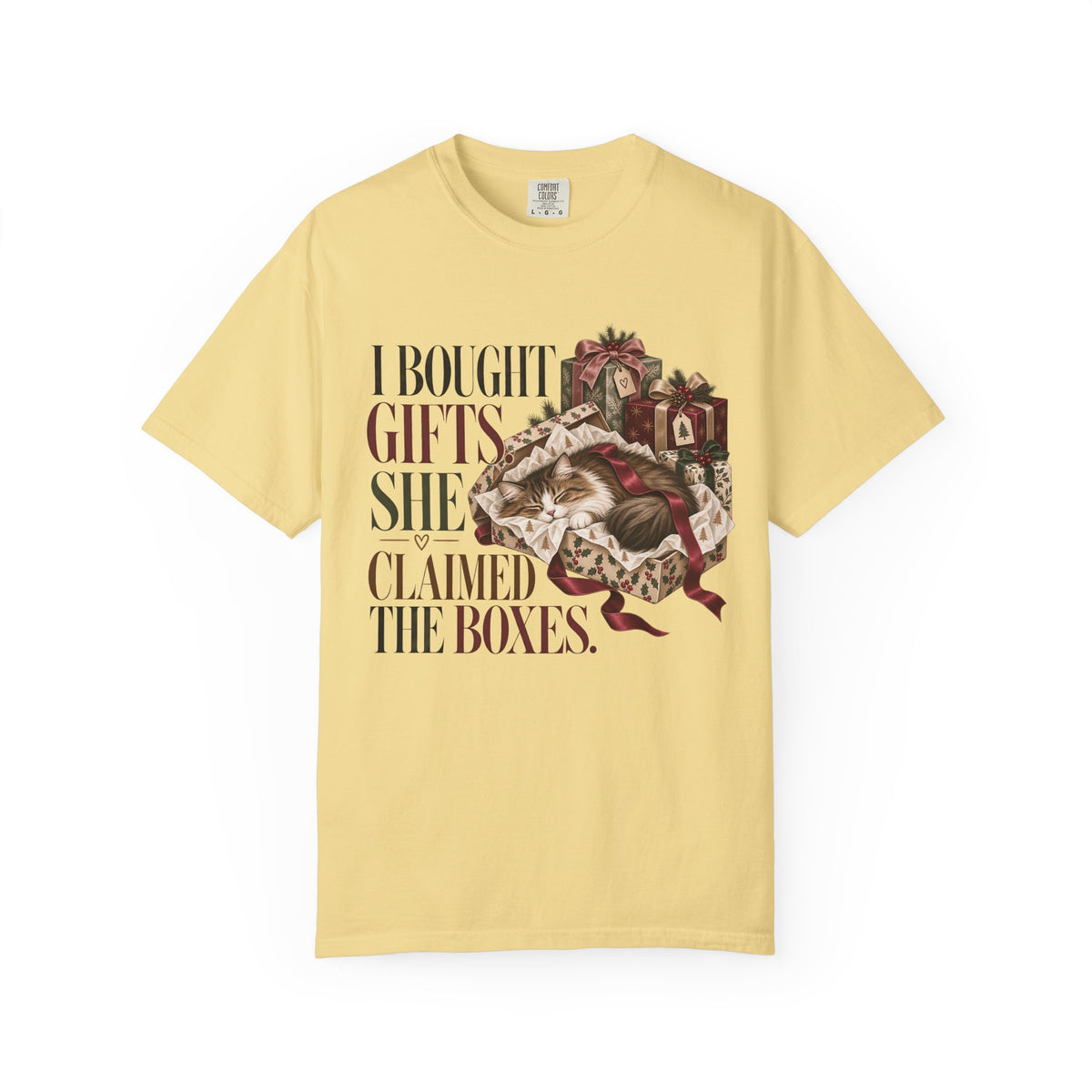 Holiday Cat T-Shirt — "I Bought Gifts, She Claimed the Boxes" Funny Christmas Tee