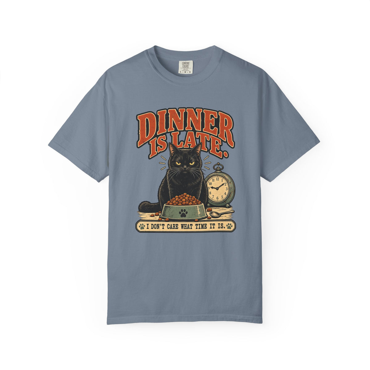 Dinner Is Late Cat T-Shirt — Vintage Cat & Clock Graphic Tee