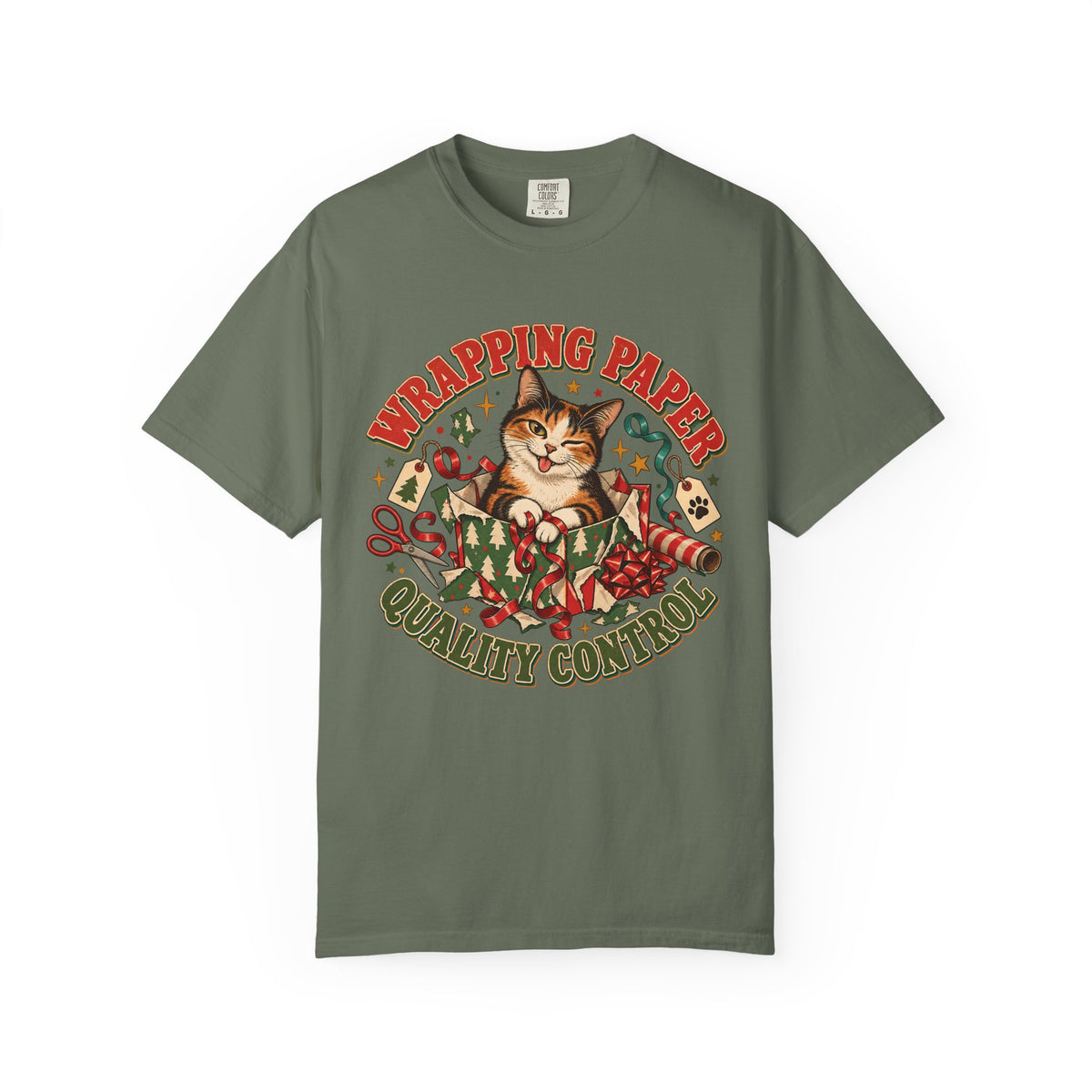 Wrapping Paper Quality Control T-Shirt — Cute Cat Holiday Gift Tee