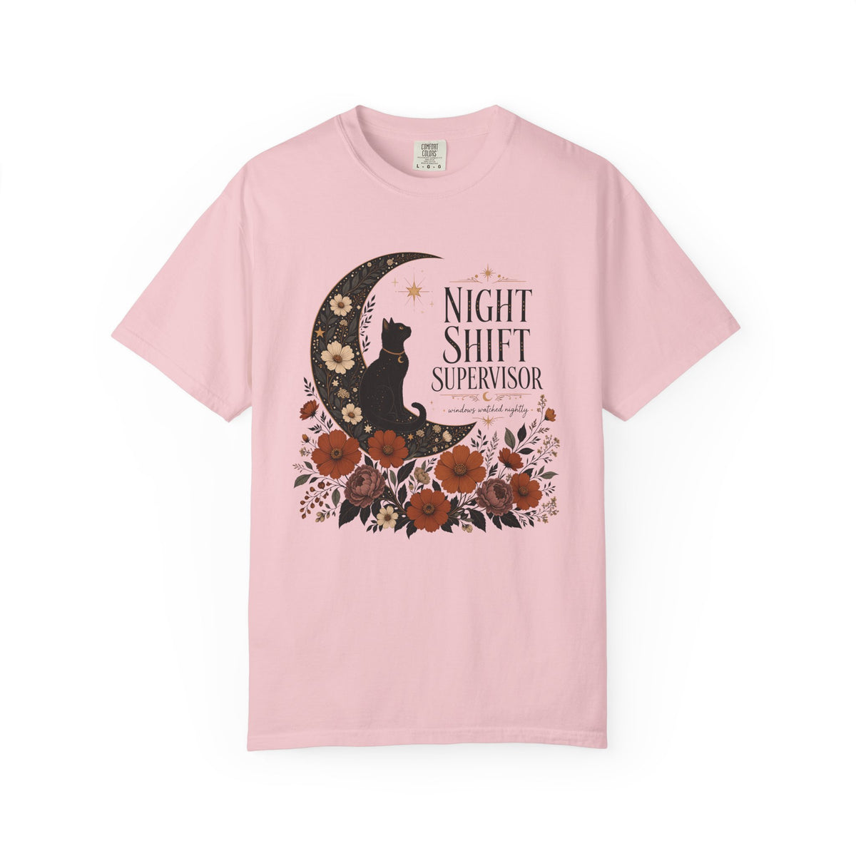 Night Shift Supervisor T-Shirt — Moon Cat Floral Crew Tee