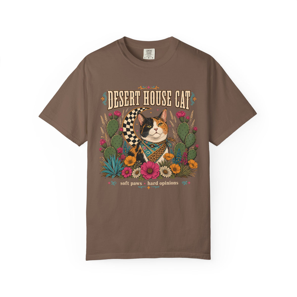 Desert House Cat T-Shirt — Vintage Calico Cat & Cactus Graphic