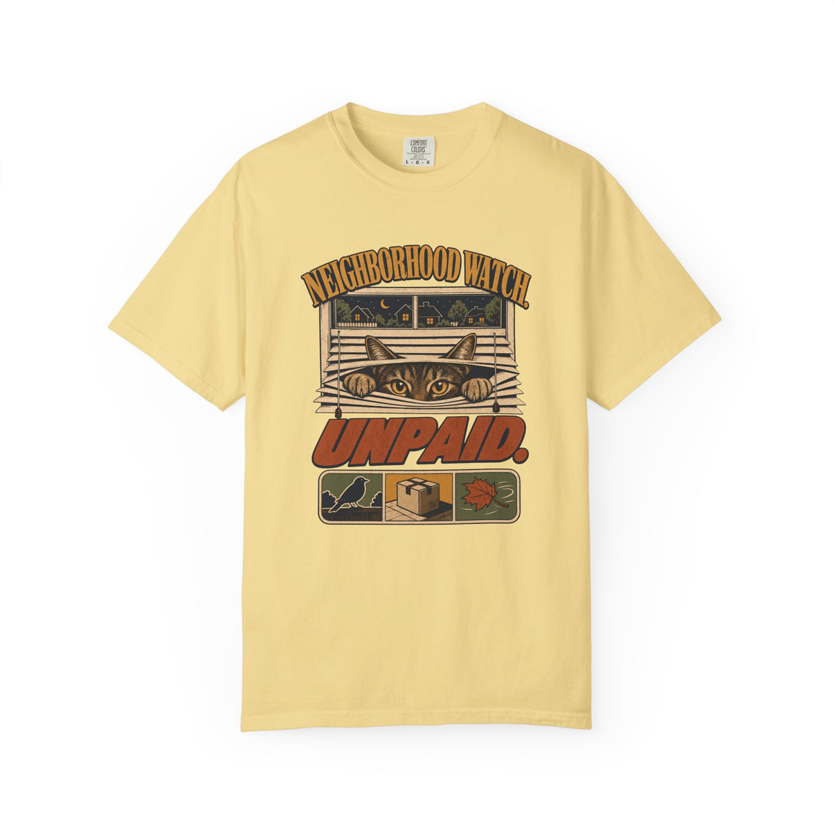 Neighborhood Watch "Unpaid" Graphic T-Shirt — Cat Peeking Parcel Delivery Design