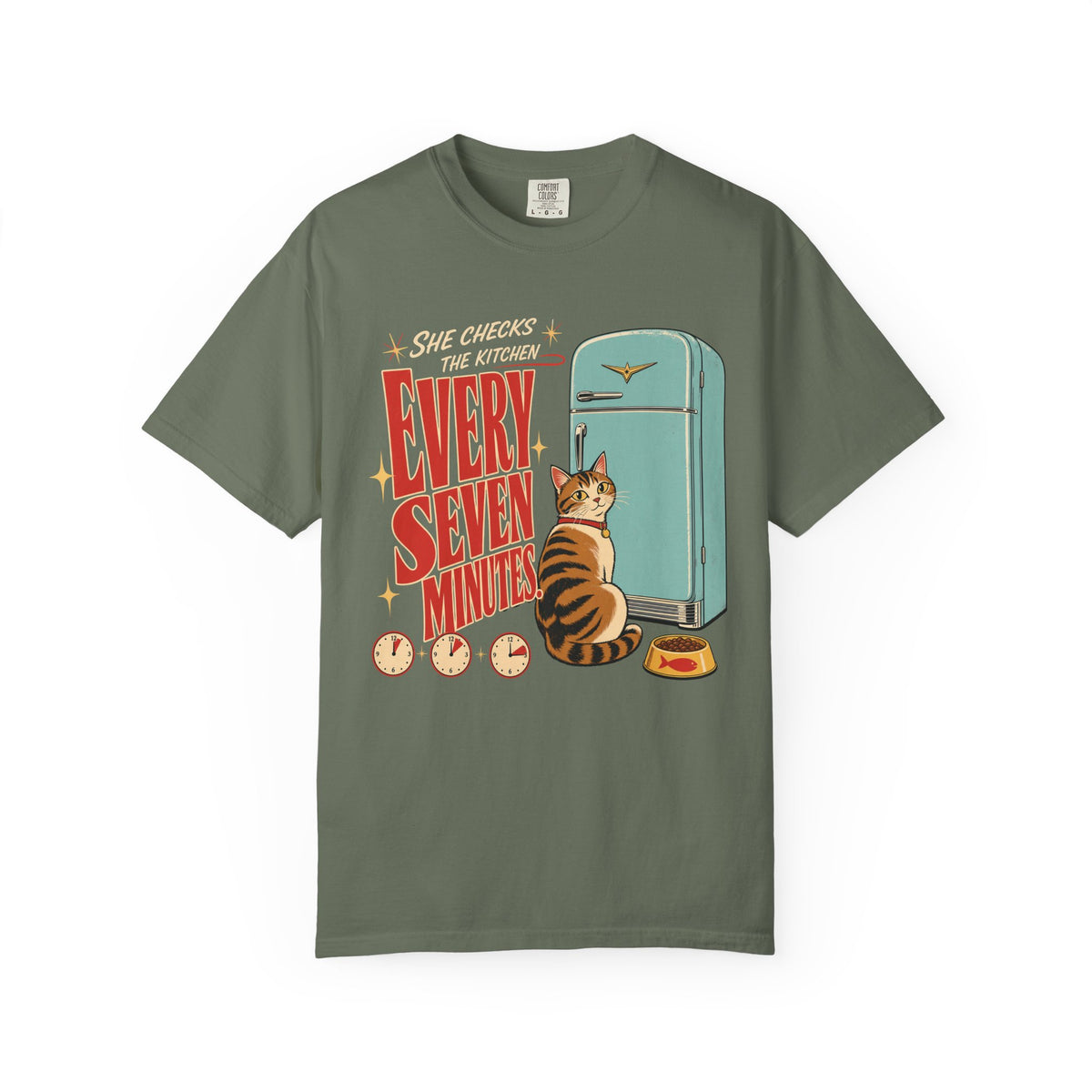 Every Seven Minutes Cat T-Shirt – Retro Refrigerator Graphic Tee for Cat Lovers