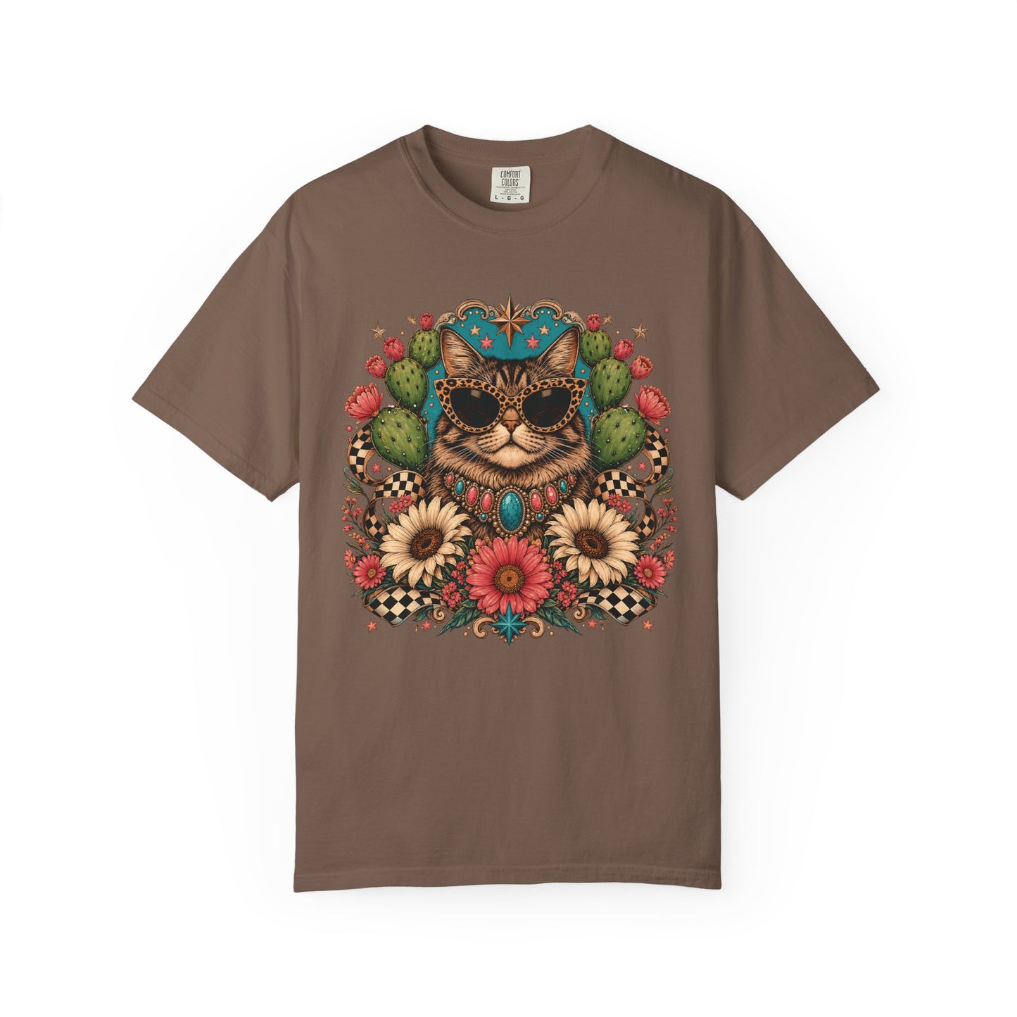 Cat with Sunglasses Floral T-Shirt — Retro Boho Kitty Graphic Tee