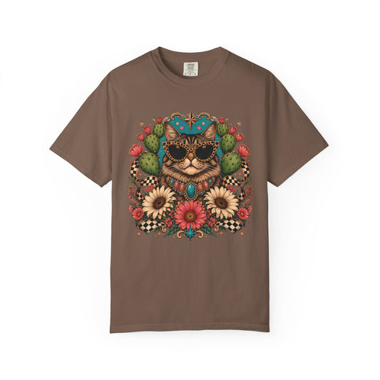 Cat with Sunglasses Floral T-Shirt — Retro Boho Kitty Graphic Tee