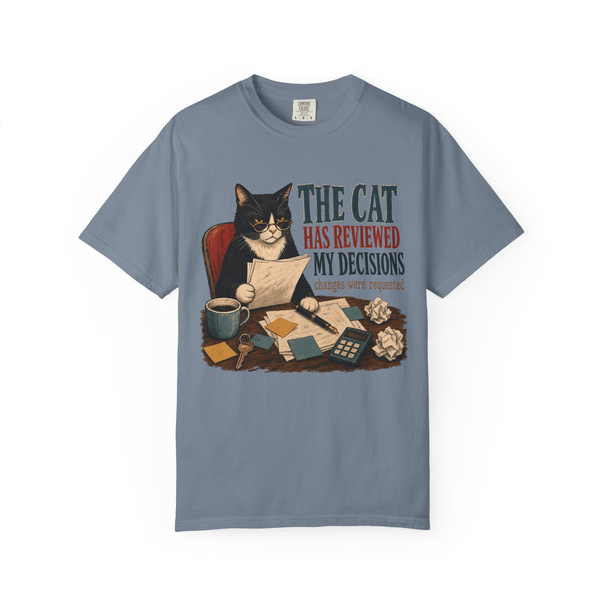 Cat Reviewer T-Shirt — "The Cat Has Reviewed My Decisions" Vintage Cat Office Tee