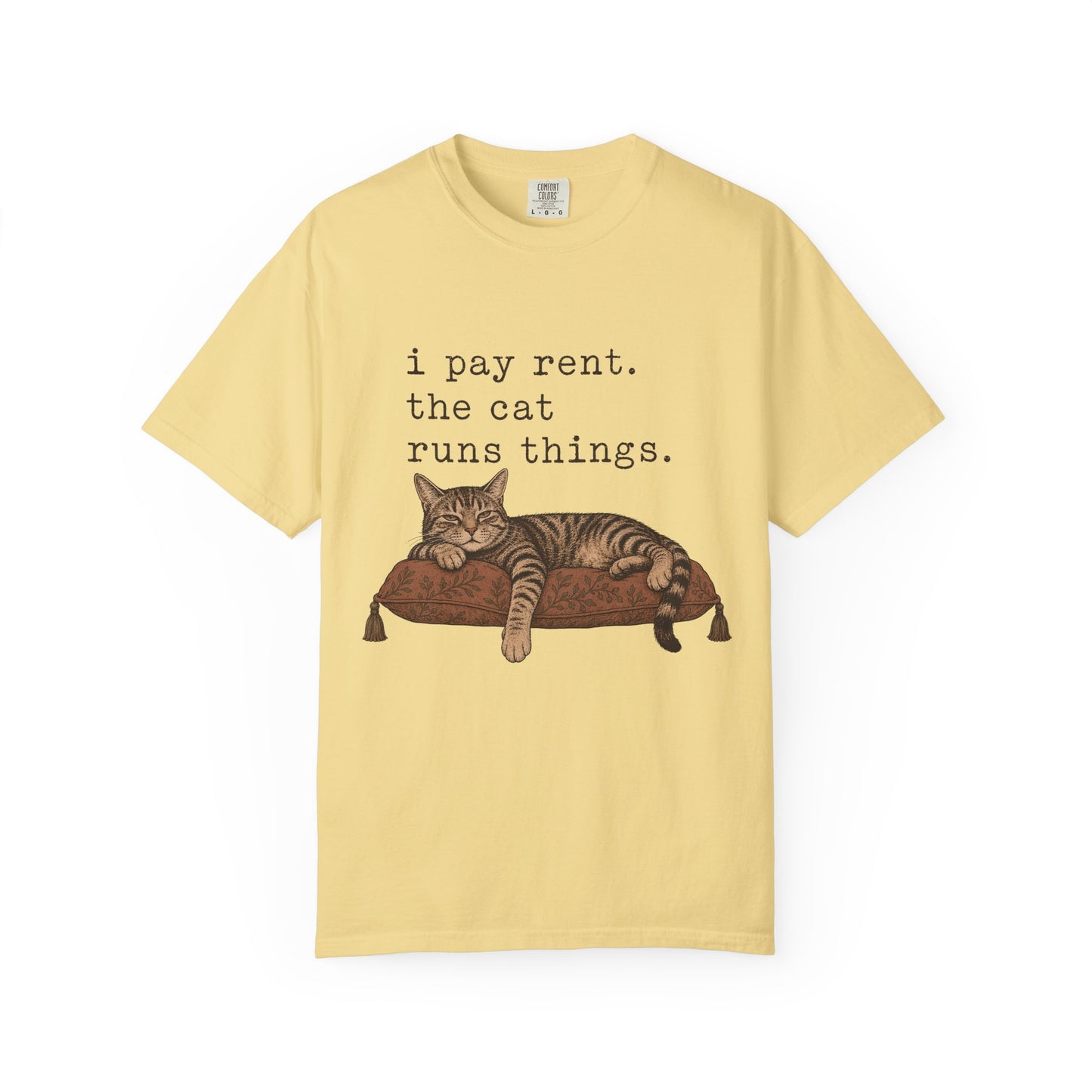 Cat Owner T-Shirt — "I Pay Rent. The Cat Runs Things." Vintage Cat Graphic Tee