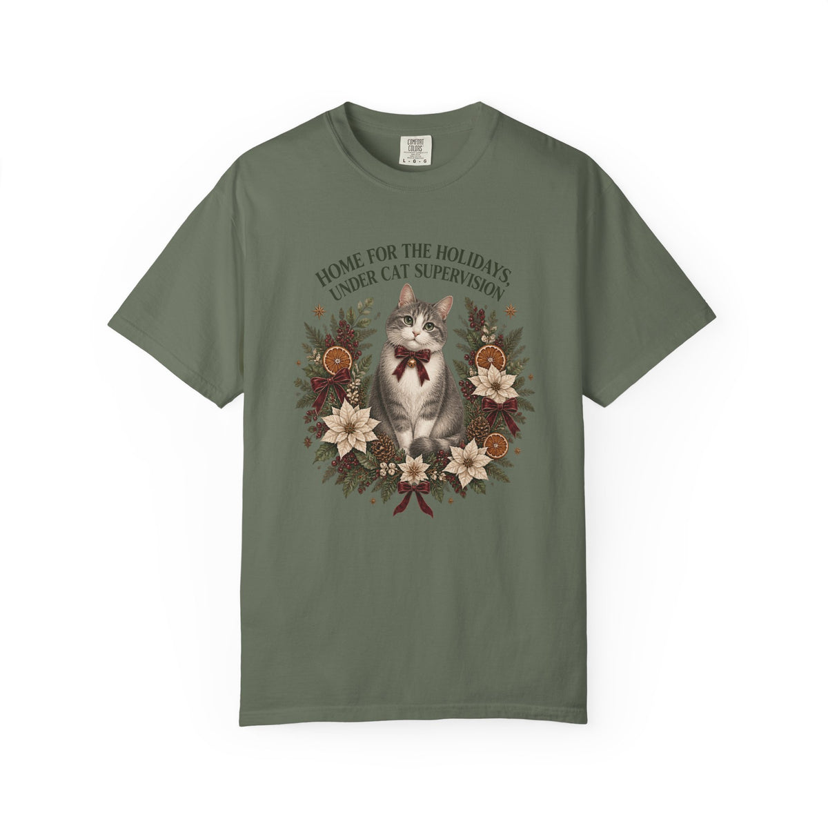 Holiday Cat T-Shirt — “Home for the Holidays Under Cat Supervision” Vintage Floral Cat Tee