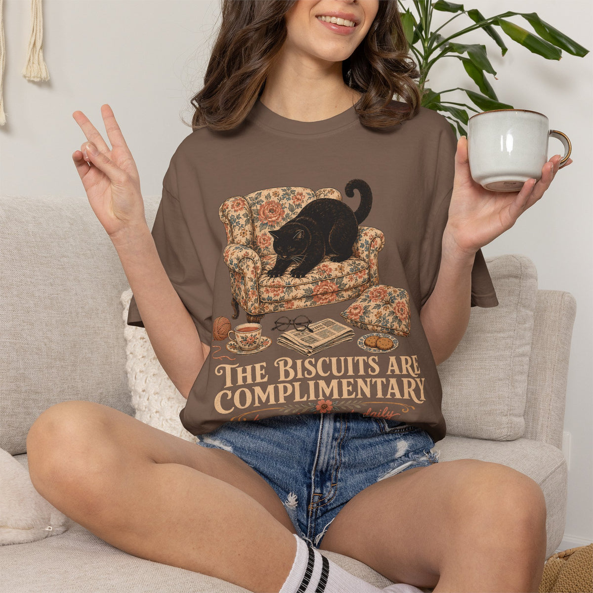 “The Biscuits Are Complimentary” Cat T‑Shirt — Vintage Cozy Graphic Tee