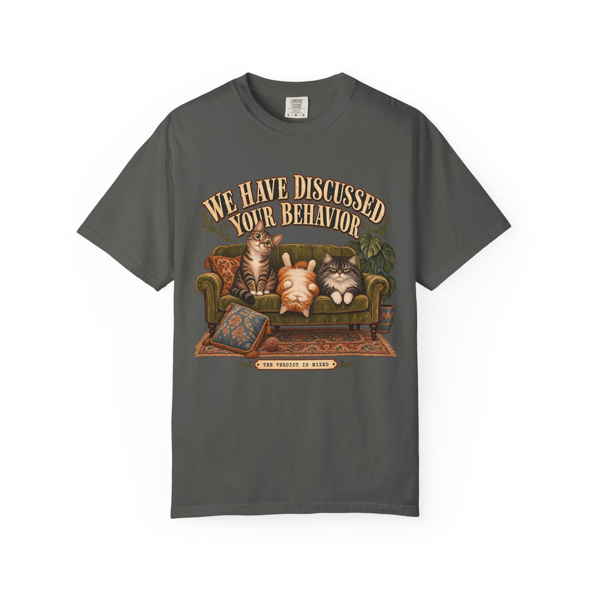 Cat Therapy T-Shirt — "We Have Discussed Your Behavior" Vintage Sofa Graphic