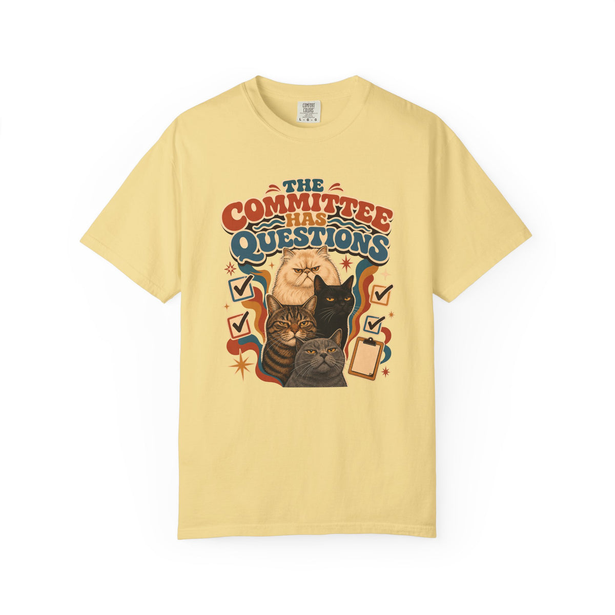 T-Shirt — "The Committee Has Questions" Retro Illustrative Cat Tee