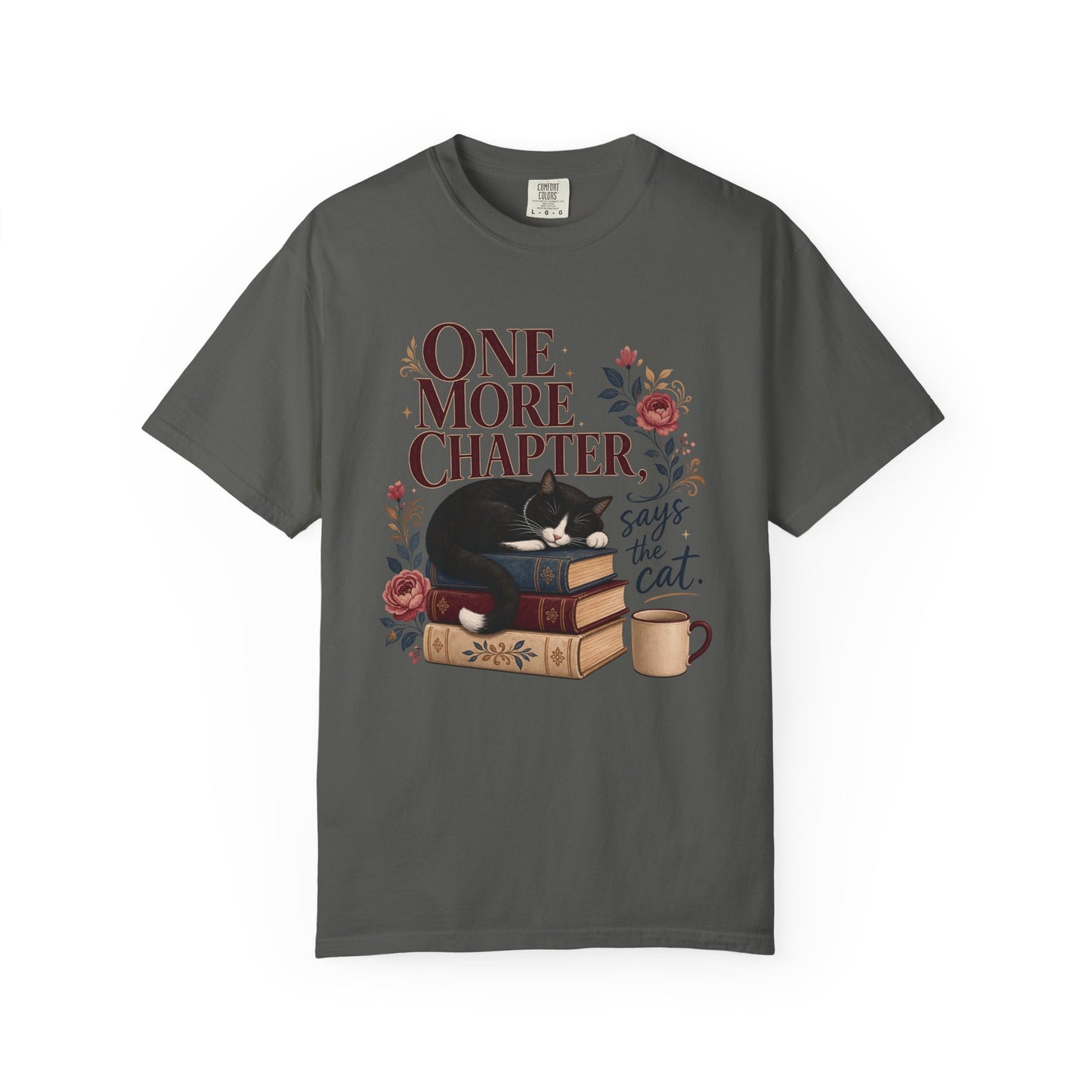 One More Chapter Says the Cat T-Shirt — Cozy Booklover Cat Tee