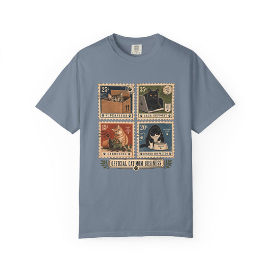 Cat Stamp Graphic T-Shirt — "Official Cat Mom Business" Vintage Postage Design