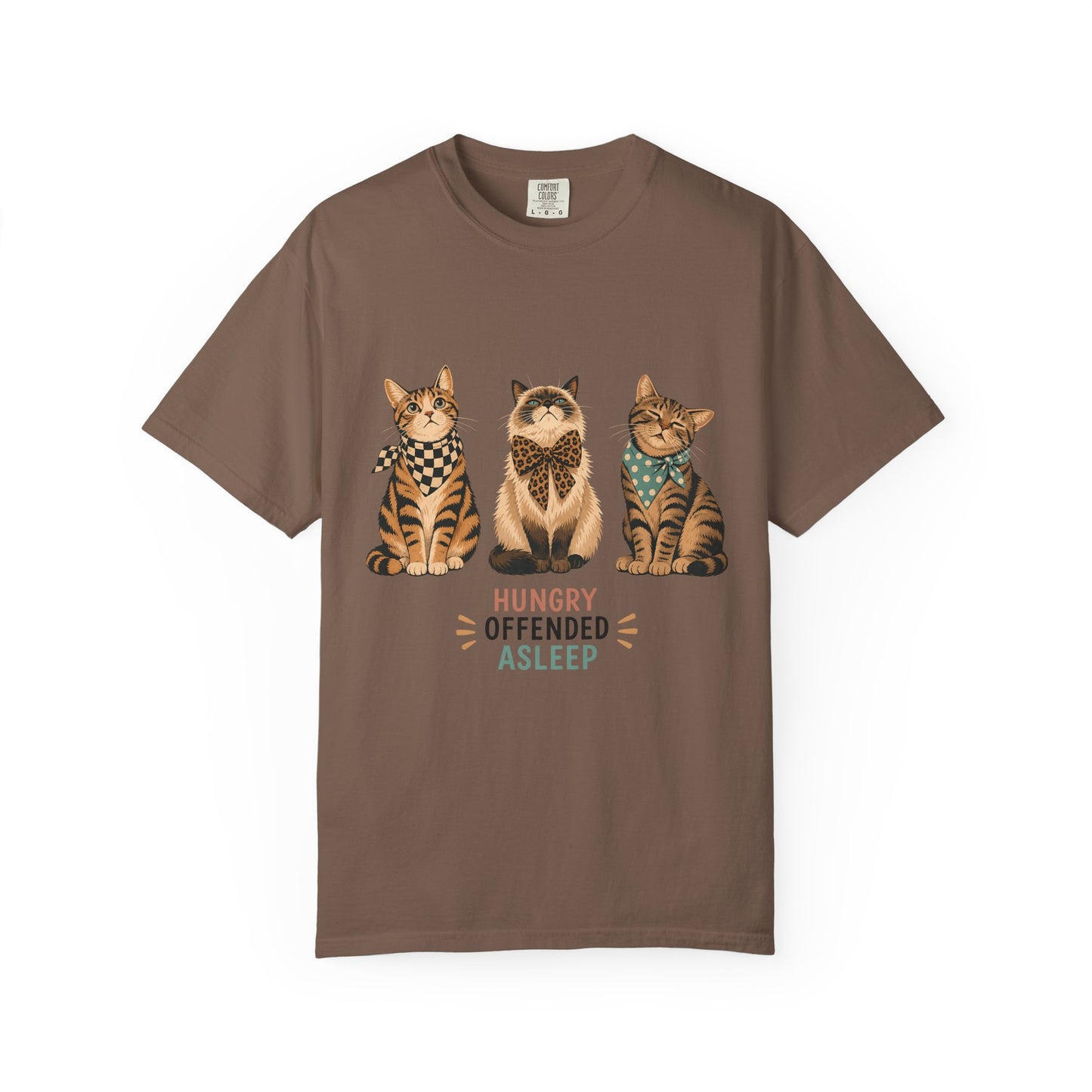 Cat Trio T-Shirt — 'Hungry Offended Asleep' Cute Retro Cat Graphic Tee
