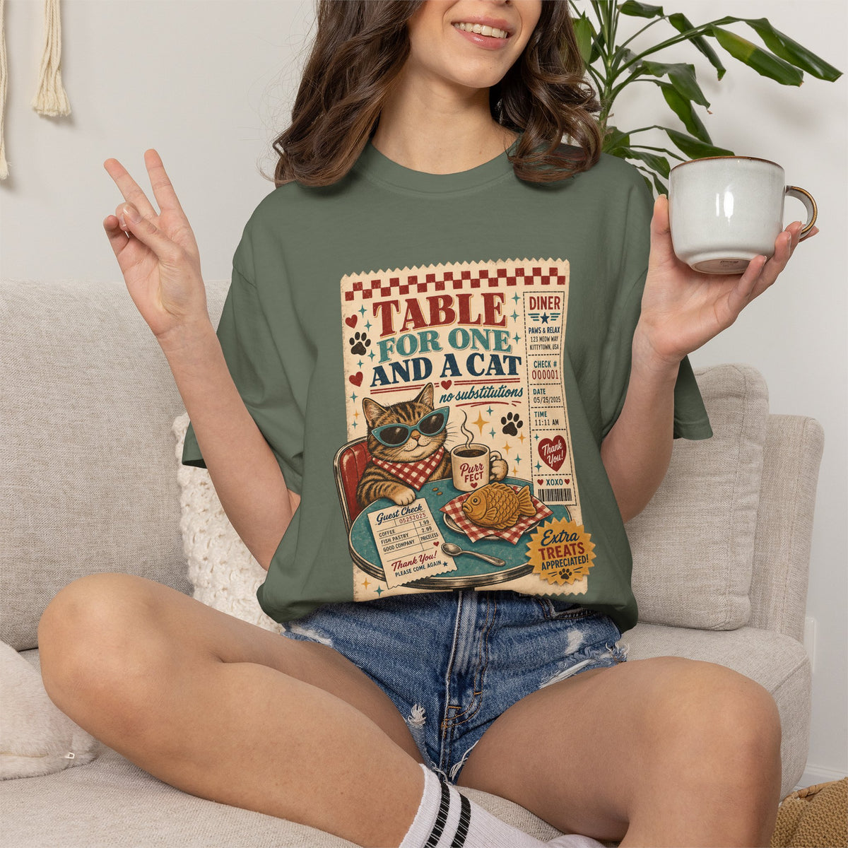 Table for One and a Cat T-Shirt — Retro Diner Cat Lover Tee