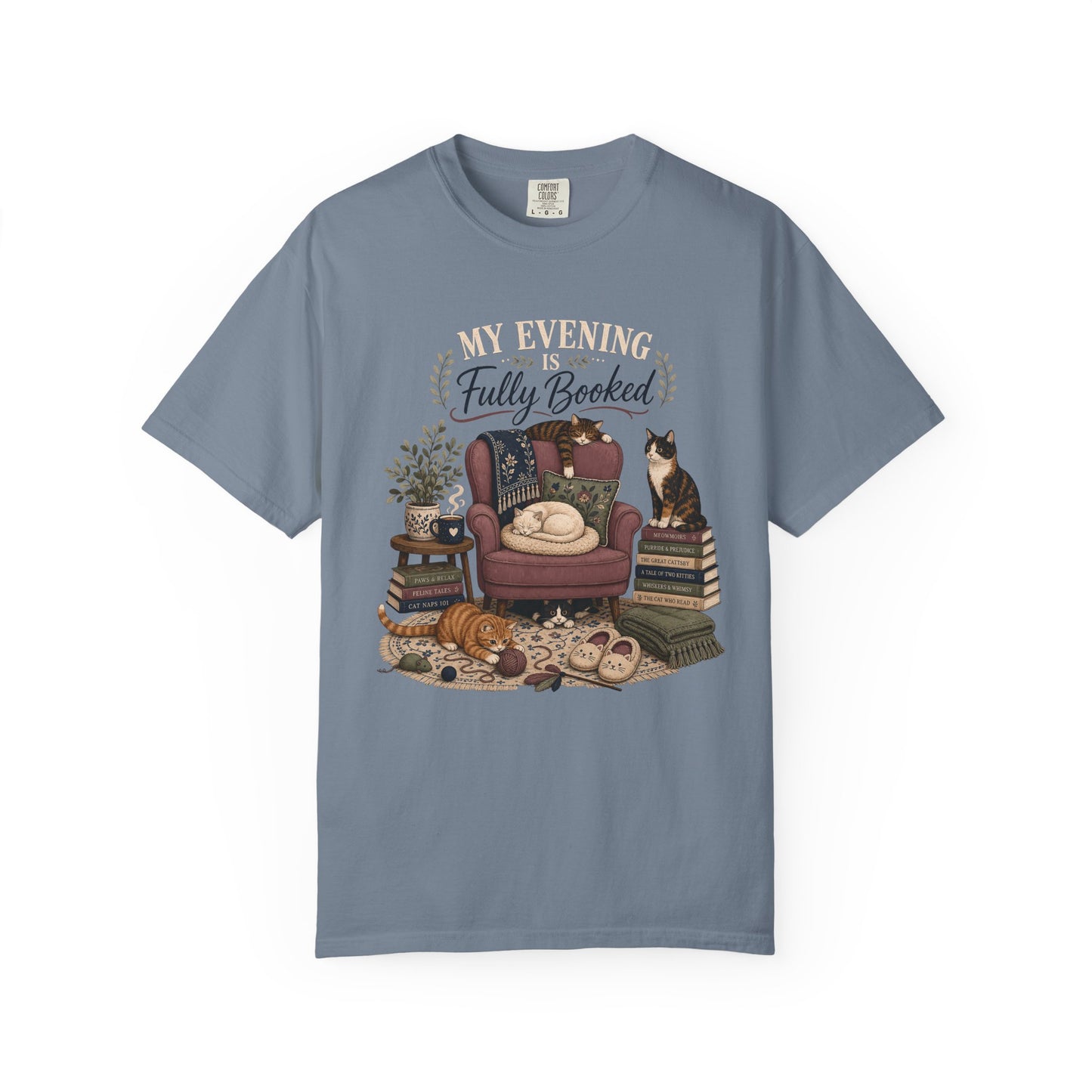 “My Evening Is Fully Booked” Cozy Reading Tee with Cats & Books