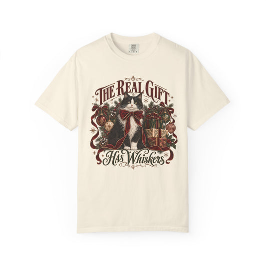 Christmas Cat T-Shirt — "The Real Gift Has Whiskers" Holiday Graphic Tee