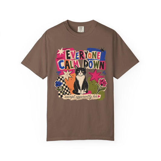 Everyone Calm Down Cat T-Shirt — Funny Graphic Tee with Sassy Cat