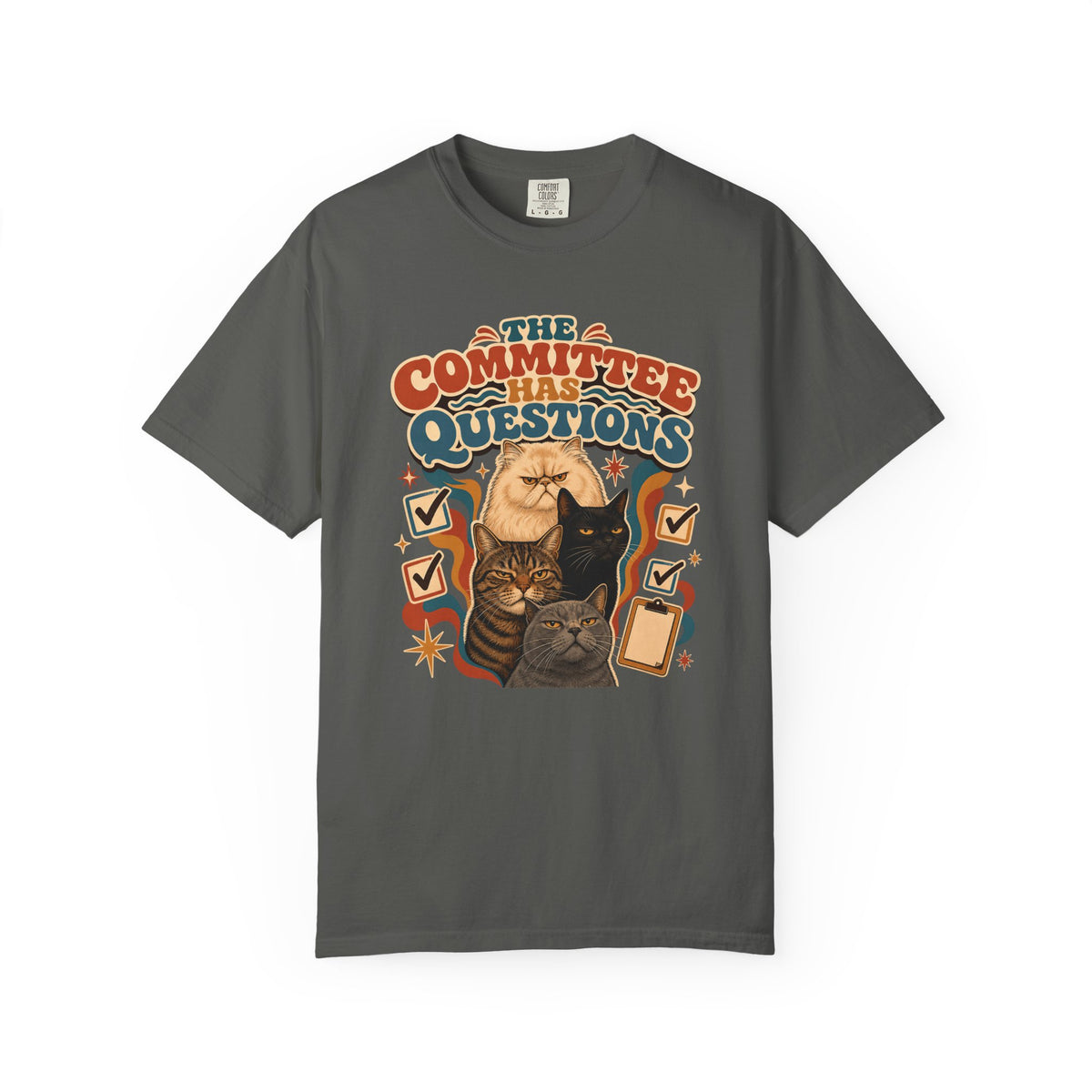 T-Shirt — "The Committee Has Questions" Retro Illustrative Cat Tee
