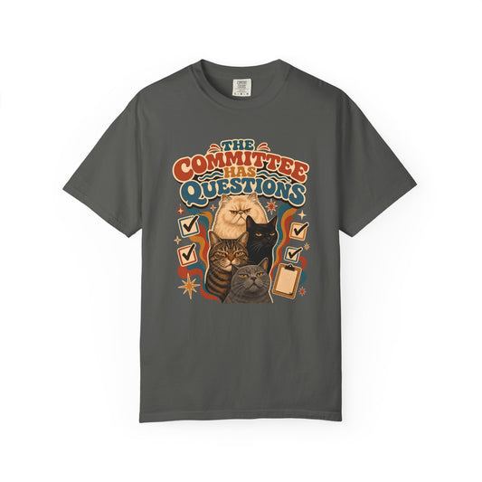 T-Shirt — "The Committee Has Questions" Retro Illustrative Cat Tee