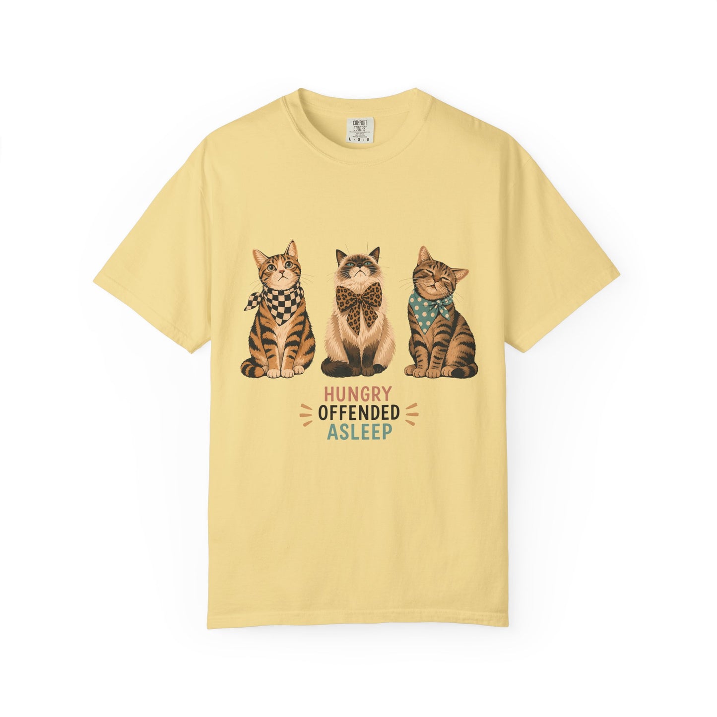 Cat Trio T-Shirt — 'Hungry Offended Asleep' Cute Retro Cat Graphic Tee