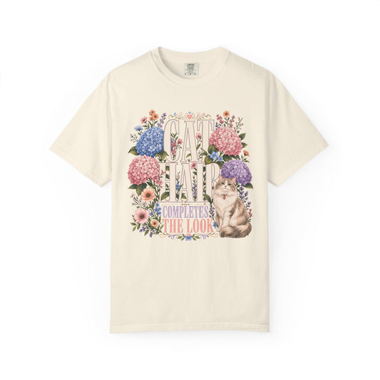 Cat Hair Don’t Care Floral T‑Shirt — "Cat Hair Completes The Look" Cute Cat & Hydrangea Tee