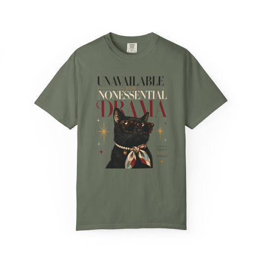 "Unavailable for Nonessential Drama" Cat T-Shirt — Vintage Black Cat Graphic Tee