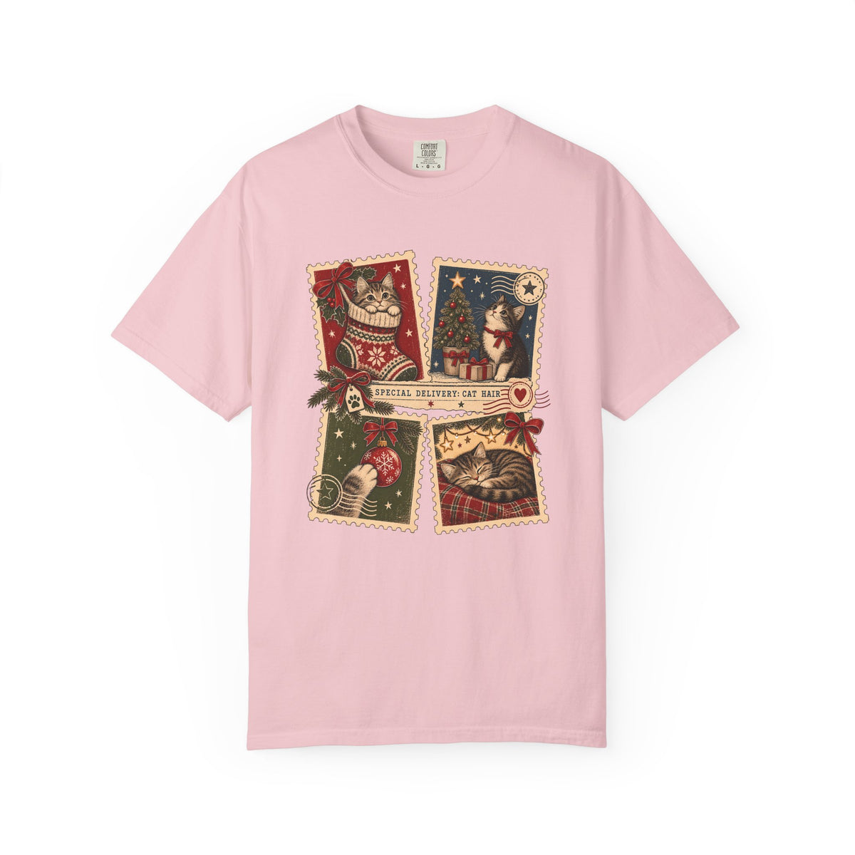 Vintage Holiday Cats T-Shirt — "Special Delivery Cat Hair" Christmas Graphic Tee