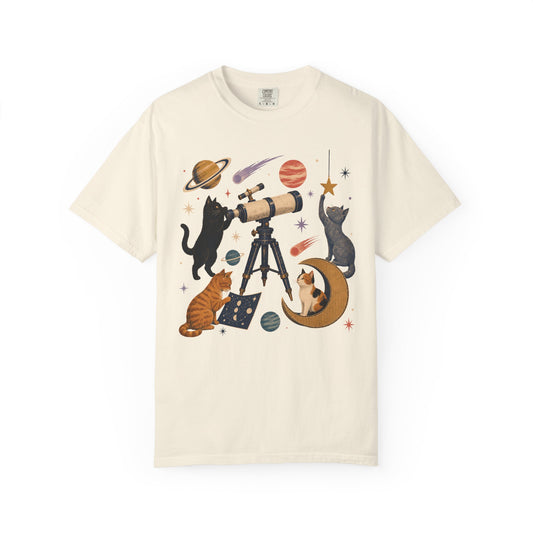 Celestial Cats Telescope T-Shirt — Space Kitty Astronomy Graphic Tee