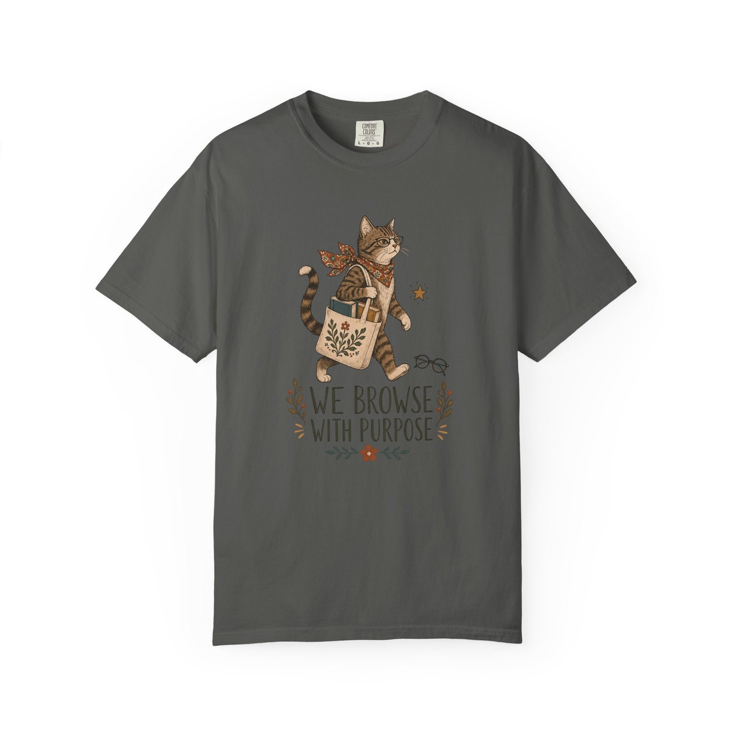 Cat Shopper T-Shirt — “We Browse With Purpose” Cute Bookish Cat Tee