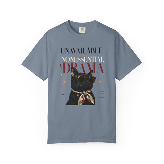 "Unavailable for Nonessential Drama" Cat T-Shirt — Vintage Black Cat Graphic Tee