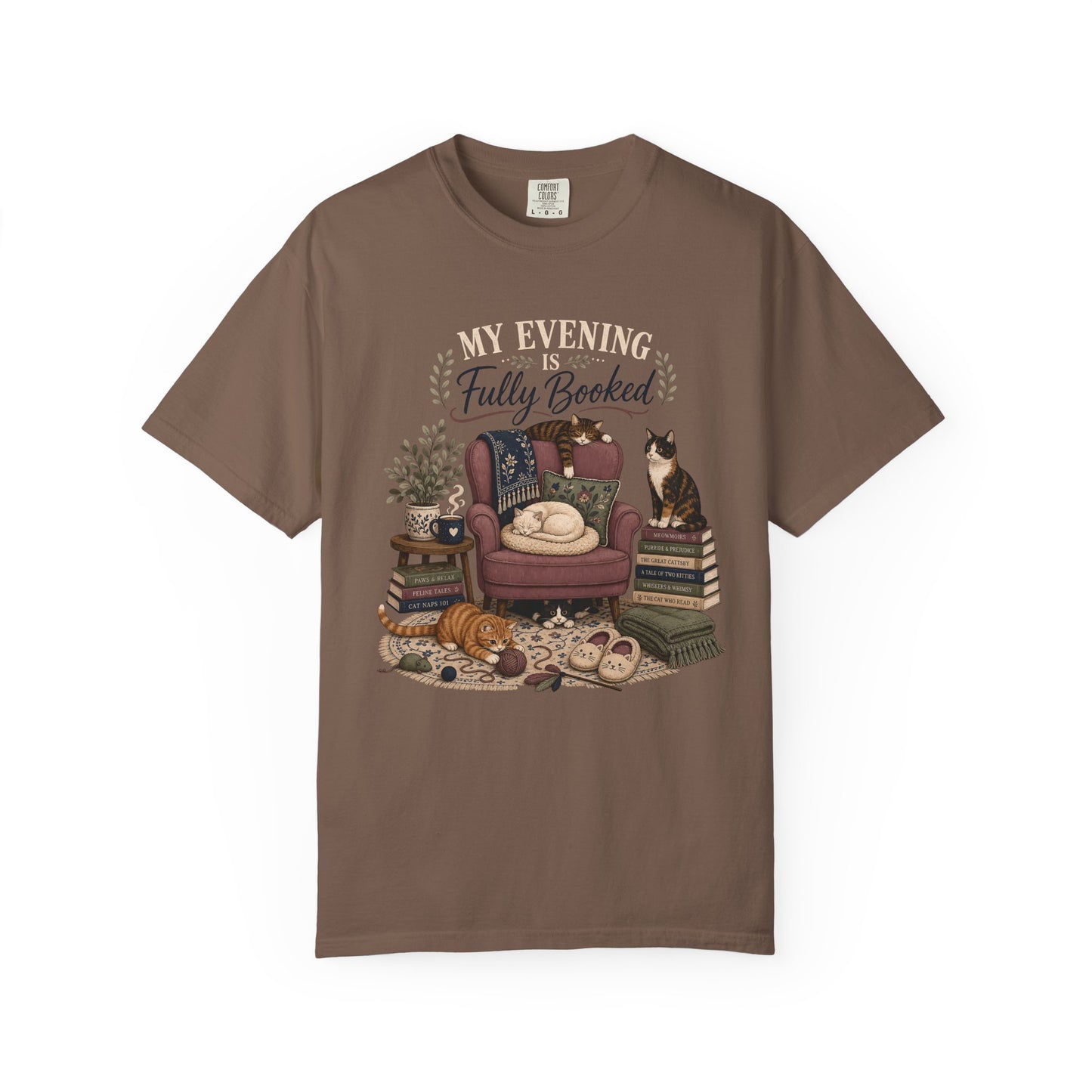 “My Evening Is Fully Booked” Cozy Reading Tee with Cats & Books