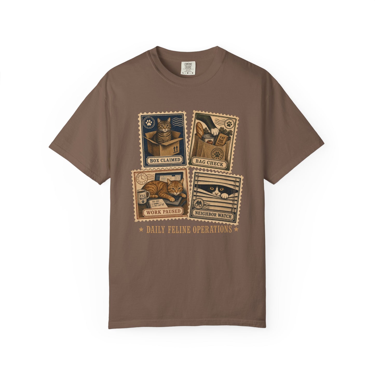 Cat Stamps Graphic T-Shirt — "Daily Feline Operations" Vintage Cat Comic Tee
