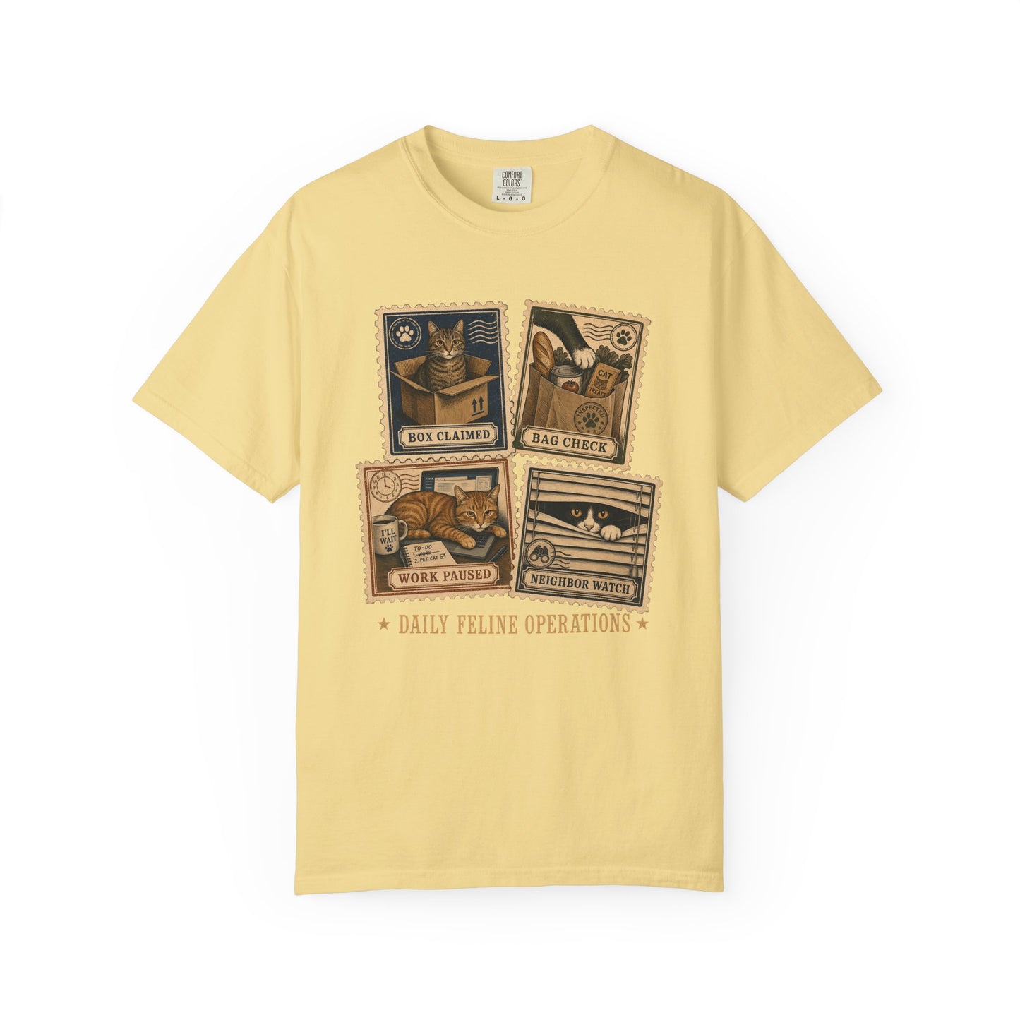 Cat Stamps Graphic T-Shirt — "Daily Feline Operations" Vintage Cat Comic Tee