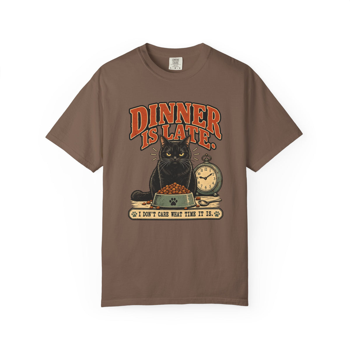 Dinner Is Late Cat T-Shirt — Vintage Cat & Clock Graphic Tee