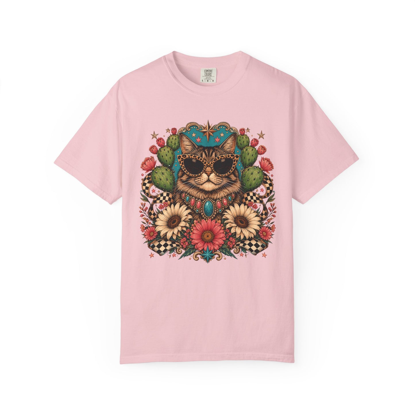 Cat with Sunglasses Floral T-Shirt — Retro Boho Kitty Graphic Tee