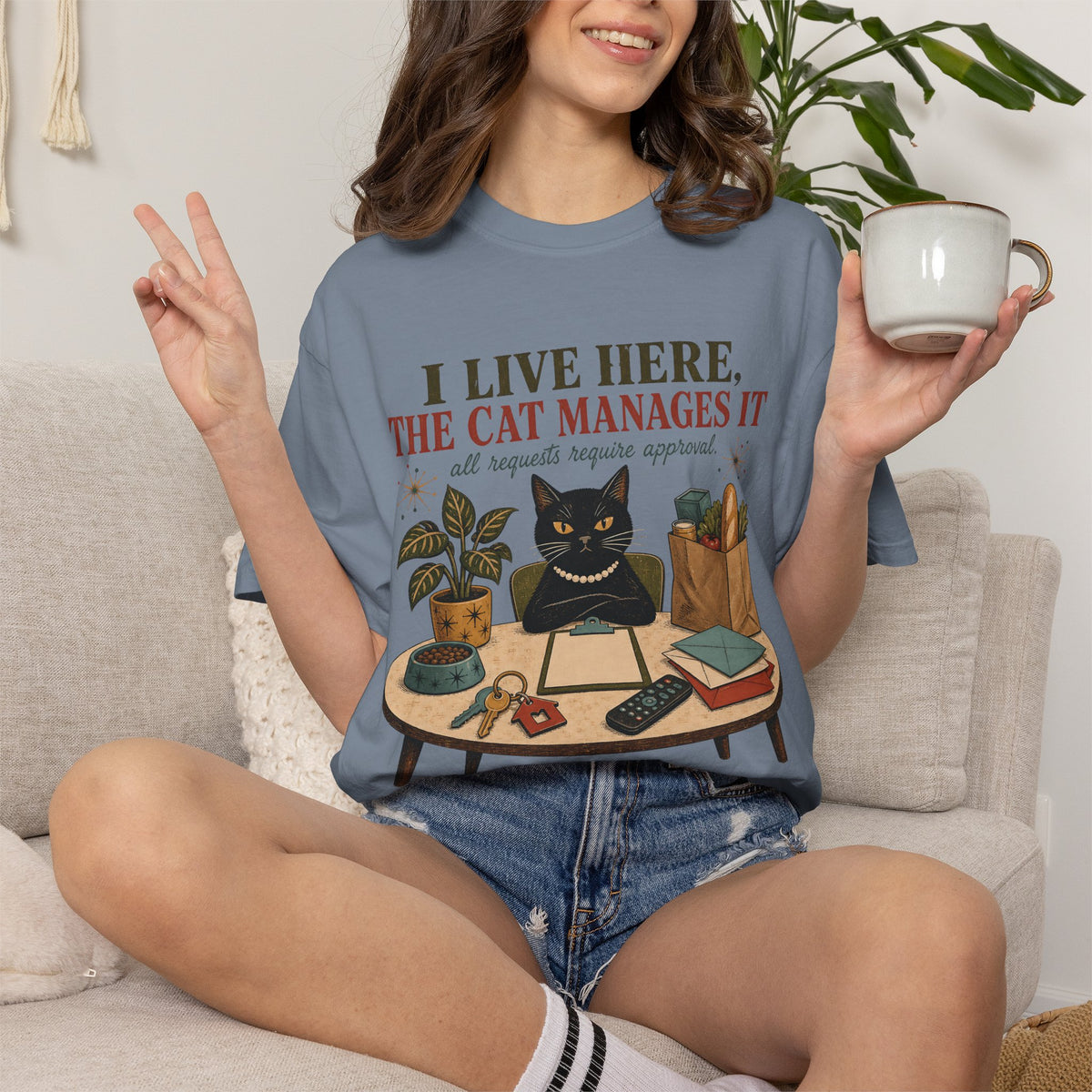 Cat Management T-Shirt — "I Live Here, The Cat Manages It"