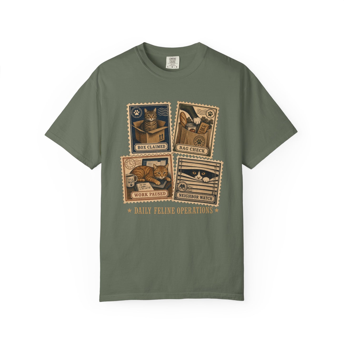 Cat Stamps Graphic T-Shirt — "Daily Feline Operations" Vintage Cat Comic Tee