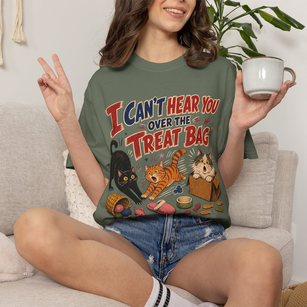 Halloween Cat Treats T-Shirt — "I Can't Hear You Over the Treat Bag" Cute Cat Halloween Tee